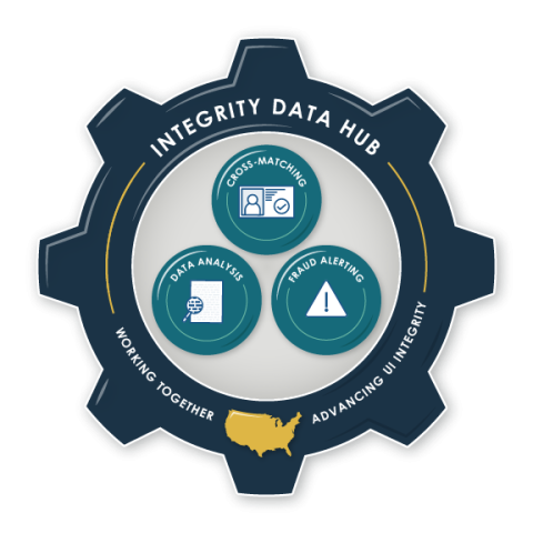Integrity Data Hub graphic featuring a gear design with three teal circles labeled Cross-Matching, Data Analysis, and Fraud Alerting. Outer text reads: Working Together, Advancing UI Integrity.