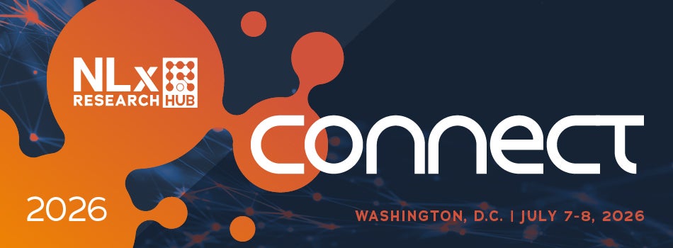 Orange and blue abstract background with the text "NLx Research Hub Connect 2026" and event details: Washington, D.C., July 7-8, 2026.