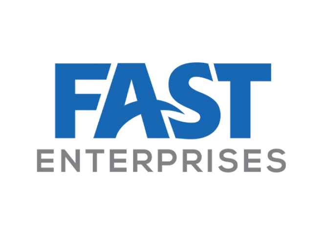 Logo for FAST Enterprises. White Background and Blue Text