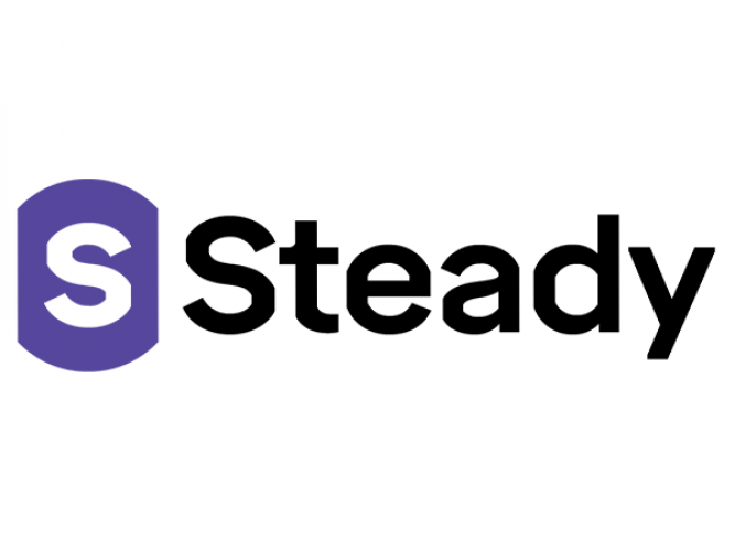 Logo for Steady , White S in a purple cube oval Steady in bold black font on the right