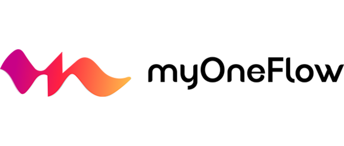 fuchsia to orange logo with black myOneFlow text. 