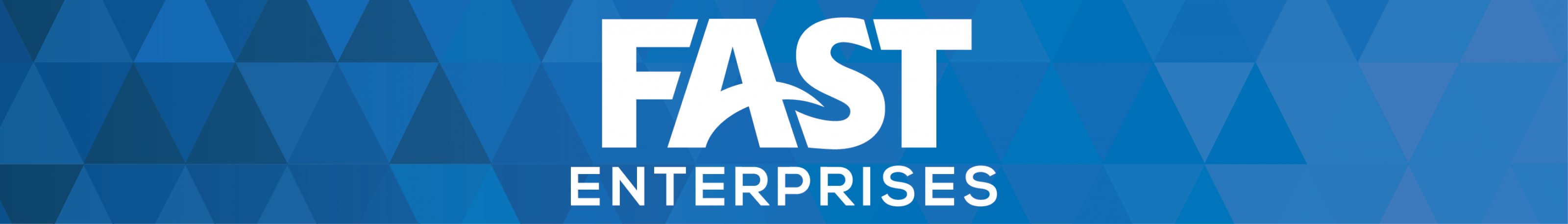 2021 WPF Sponsor Ad for FAST Enterprises - Blue Rectangle Gradient Blue Triangles fading from left, white text
