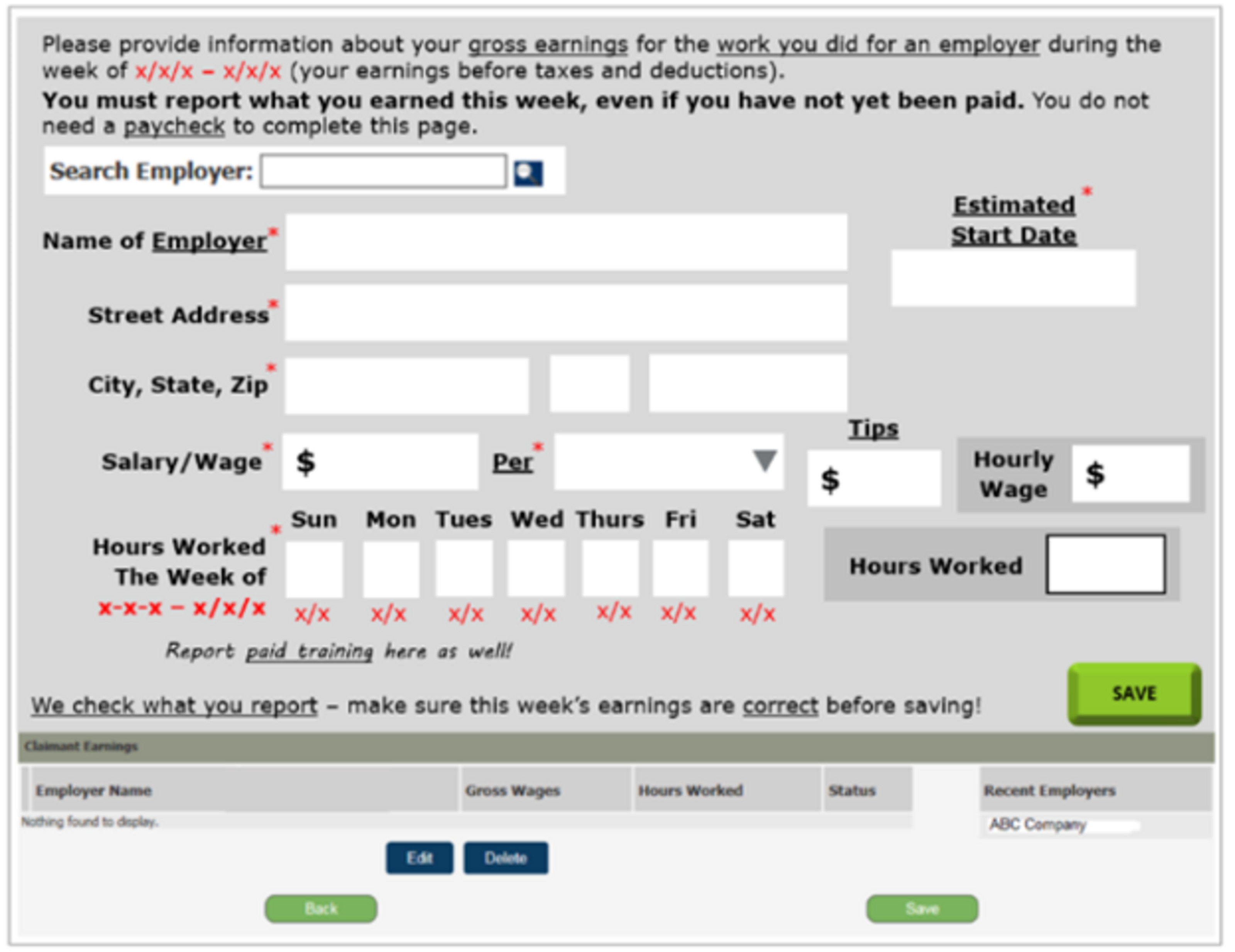 Earnings Calculator example