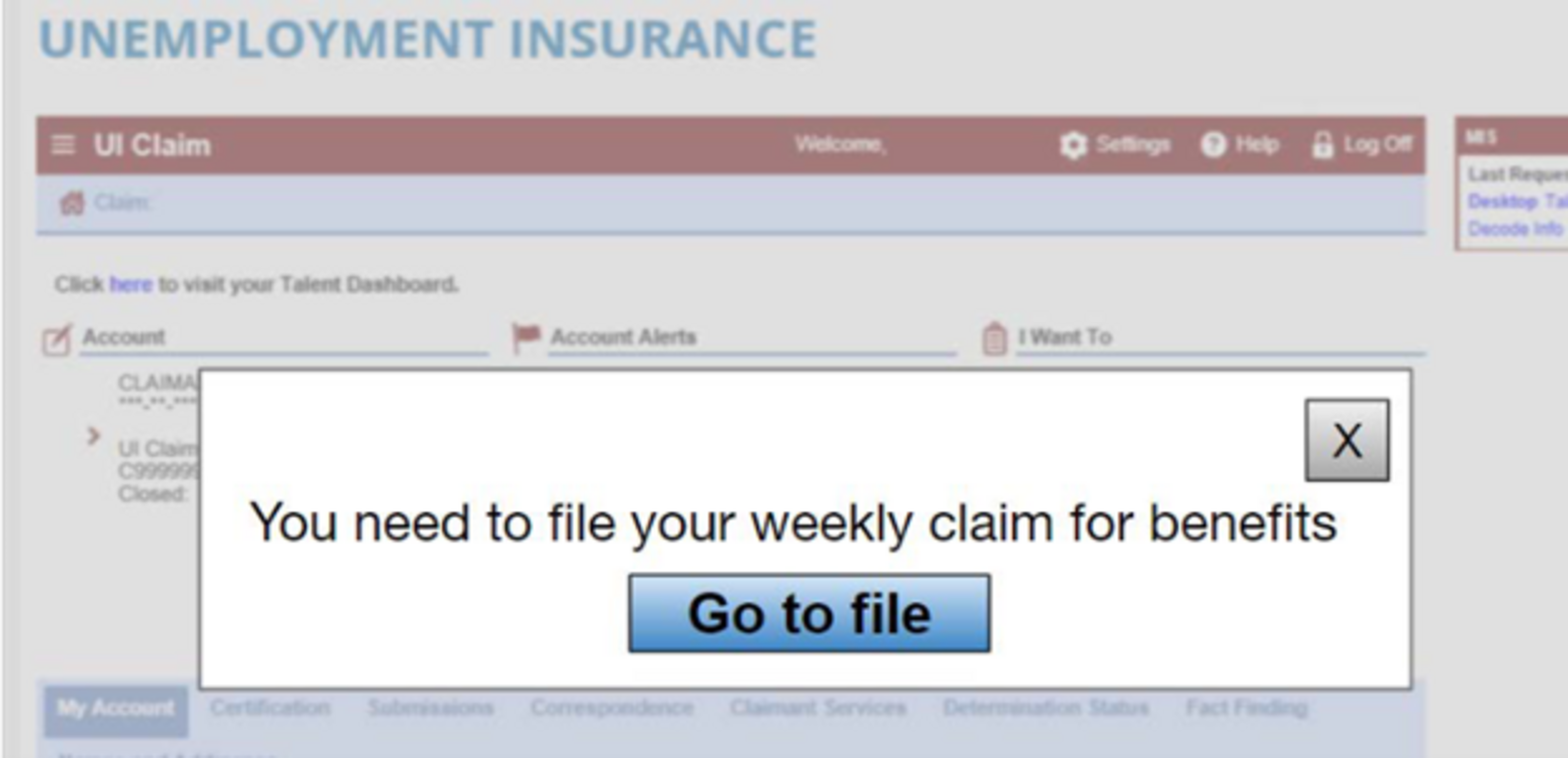 Unemployment Insurance Pop-Up Message 