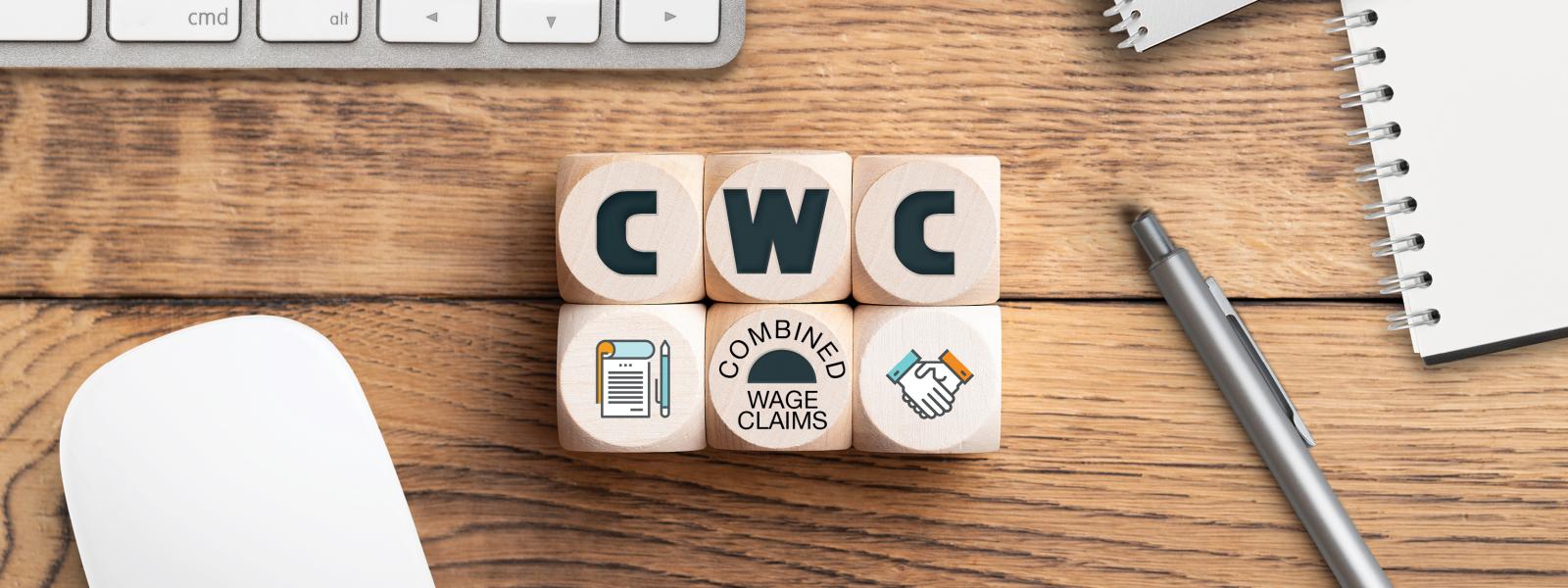 image of six six-sided blocks with the acronym CWC for Combined Wage Claims
