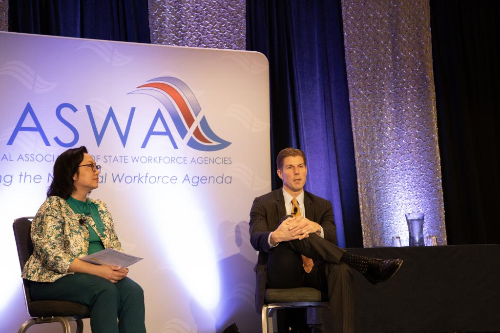 Anna Hui, NASWA Board President; Director, Missouri Department of Labor and Industrial Relations and John P. Pallasch, Assistant Secretary, U.S. Department of Labor, Employment and Training Administration discuss Opportunities and Challenges for the WOrkforce System
