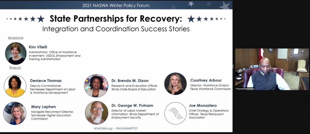 State Partnerships for Recover: Integration and Coordination Success Stories. Moderator, Kim Vitelli (USDOL), Panelists: Deniece Thomas (TN), Dr. Brenda M. Dixon (IL), Courtney Arbour (TX), Mary Laphen (TN), Dr. George W. Putnam (IL), Joe Monastero (TX)